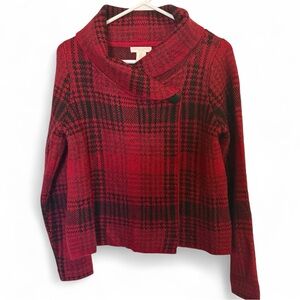 Christian Siriano New York Red Black Plaid Crowl Neck Wool Sweater Coat-Size M